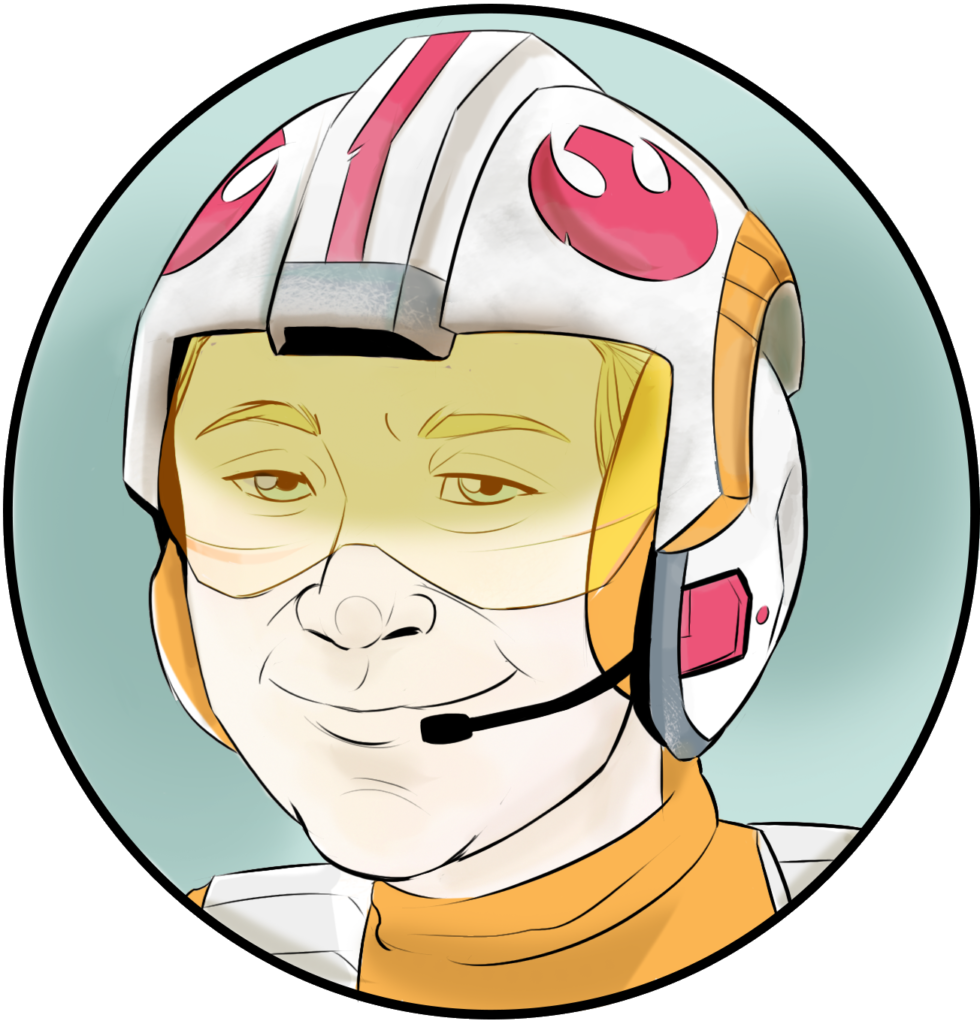 a cartoon caricature of dom700v as a rebel alliance pilot from star wars